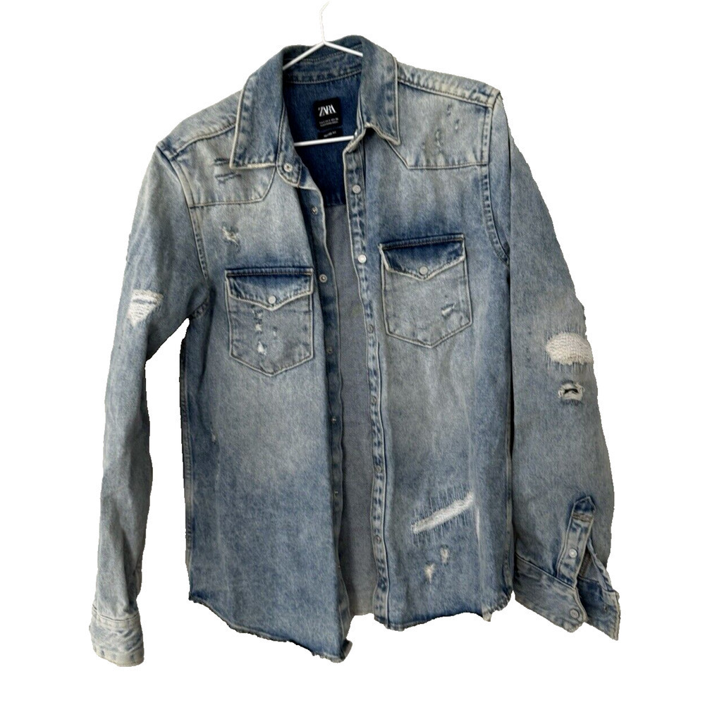 Zara Relaxed Fit Denim Distressed Jacket Jean Size Small Excellent Condition
